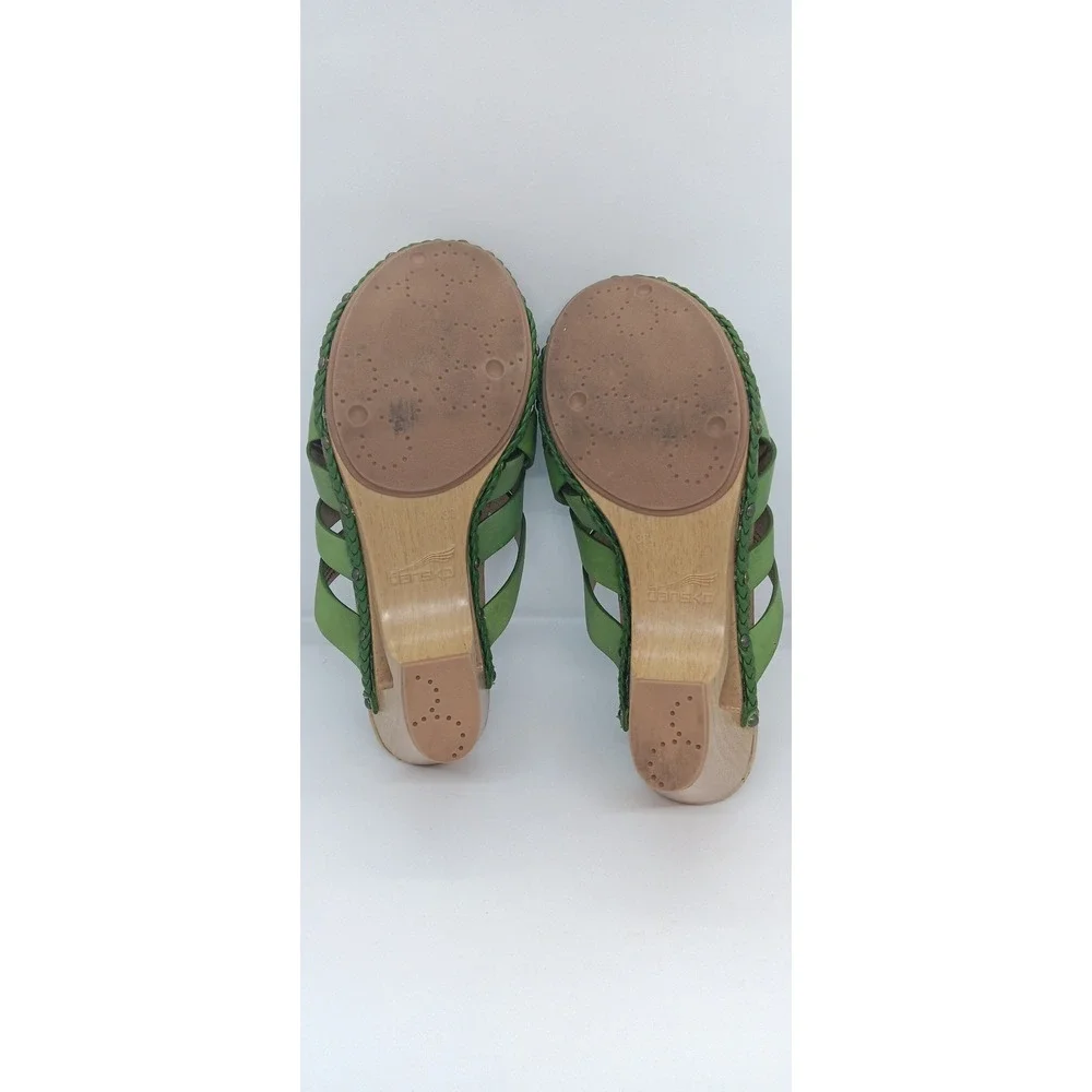 Dansko Women Green Leather Woven Slip On Wooden Wedge Sandals Clogs Size 38